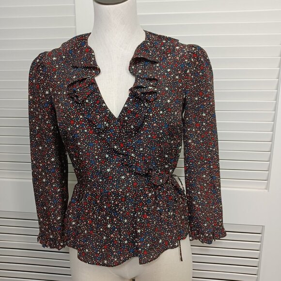 Madewell Star Print Blouse 100% Silk Peplum Wrap Size XSmall - Picture 10 of 15